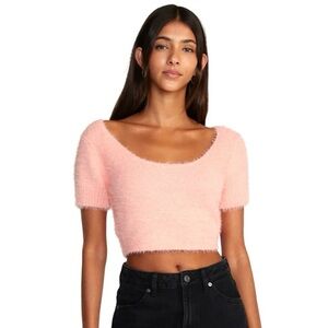 RVCA Pink Fuzzy Cropped Short Sleeve Sweater Women's Size Small Preppy Girly